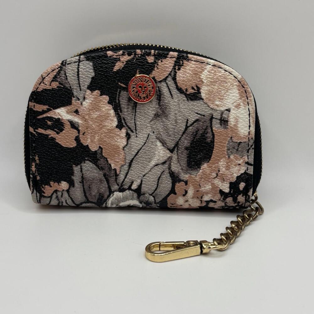 Anne Klein Curved Card Case Black Floral Pink Blue Pattern Card Wallet with Zip